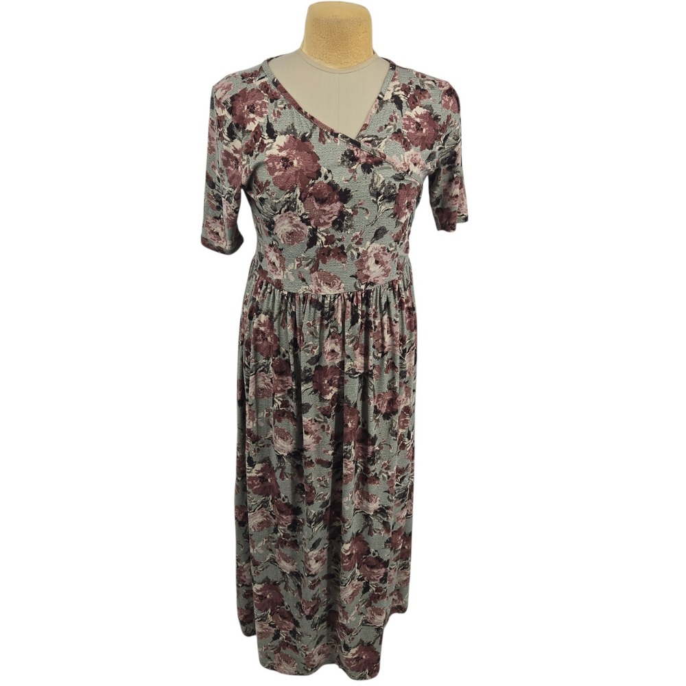 Mikarose Floral Maxi Dress Women L Cottagecore Faux Wrap Stretch Modest Casual
